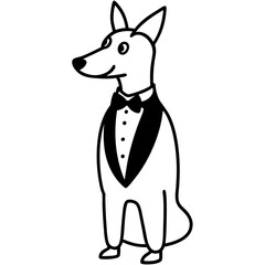 A dog acting like a spy in a tuxedo line art vector illustration 