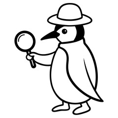 A penguin detective with a magnifying glass line art vector illustration 