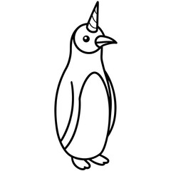 A penguin with a unicorn horn line art vector illustration 
