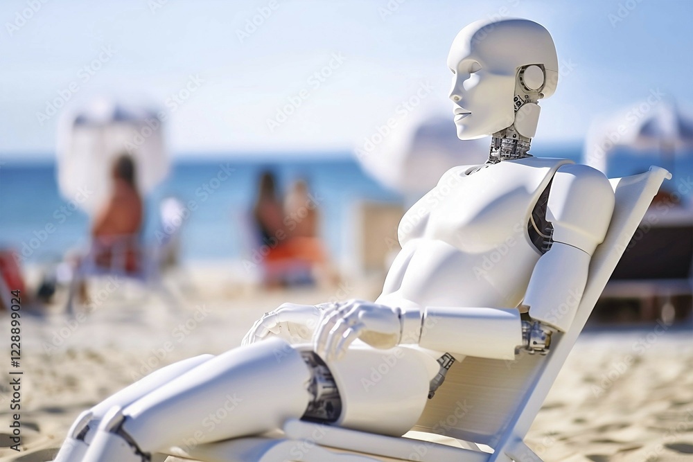 Poster humanoid ai android robot relaxing at beach. generative ai illustration