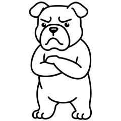 A grumpy bulldog with crossed arms line art vector illustration 