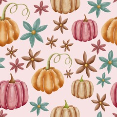 Orange and pink hand drawn watercolor pumpkins with flowers on pink, seamless repeating surface pattern design