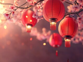 Obraz premium Blossoming Love: Cherry Blossoms and Chinese Lanterns