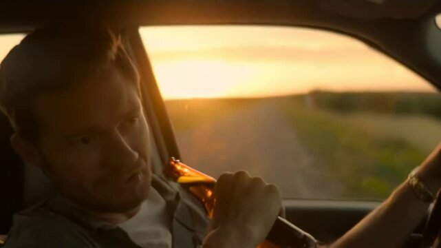 Young man drinking beer while driving at sunset