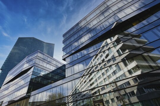 Modern glass building with impressive reflection of the blue sky in the city, Prime Tower, Zurich, glass fa&ccedil;ade, reflections, Canton of Zurich, Switzerland, Europe