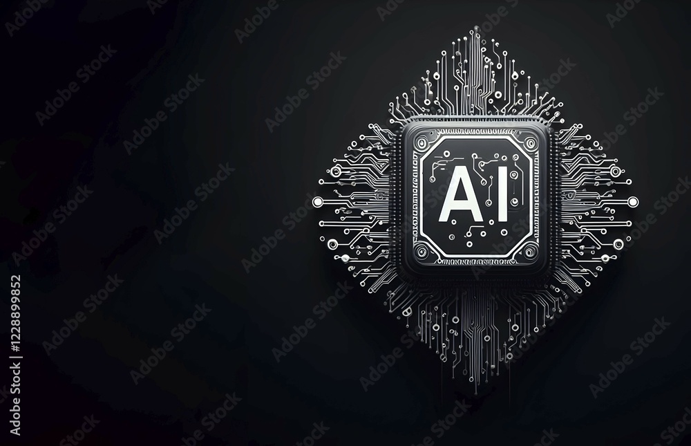 Poster illustration of a ai microchip processor with circuit board and other electronic components. ai gene