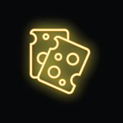 Bright yellow neon sign in the shape of two slices of swiss cheese is glowing on a black background