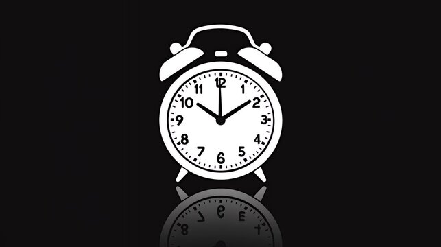 White alarm clock icon, dark background, reflection, time management