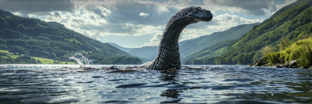 The Loch Ness monster, Nessi, emerges from a picturesque loch against a mountain backdrop in Scotland under a cloudy sky, AI generated, AI generated
