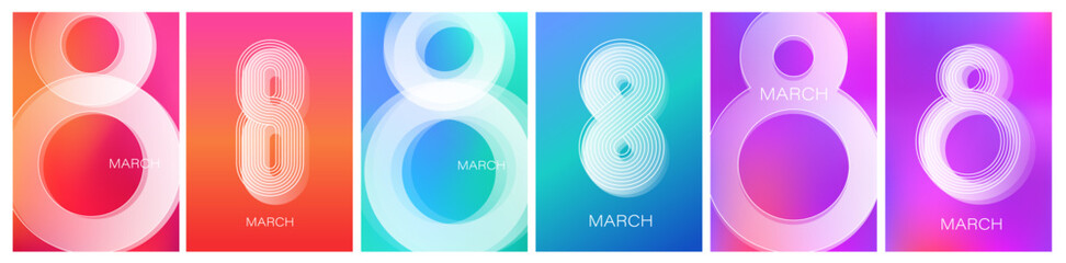 8 March modern card template. Color gradient backgrounds. lnternational Women's Day holiday graphic design. Vector illustration.