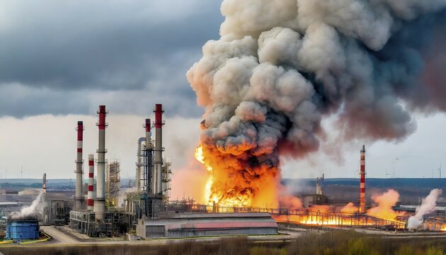 Symbolic image, environmental disaster, explosion in a chemical plant, the facilities of a chemical plant are on fire, AI generated, AI generated