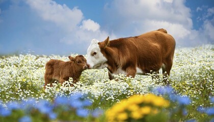 A brown cow and a calf, studio, AI generated
