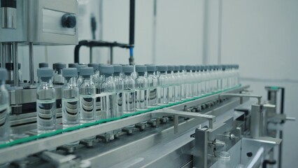 High-Tech Pharmaceutical Production Line, Sterile Vials Moving on Conveyor Belt