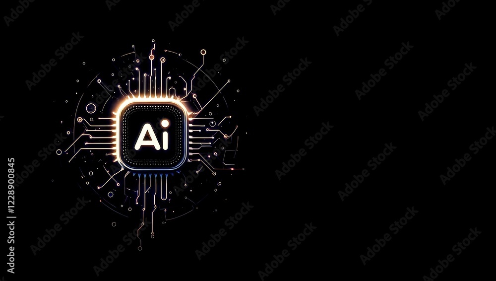 Poster illustration of a ai microchip processor with circuit board and other electronic components. ai gene