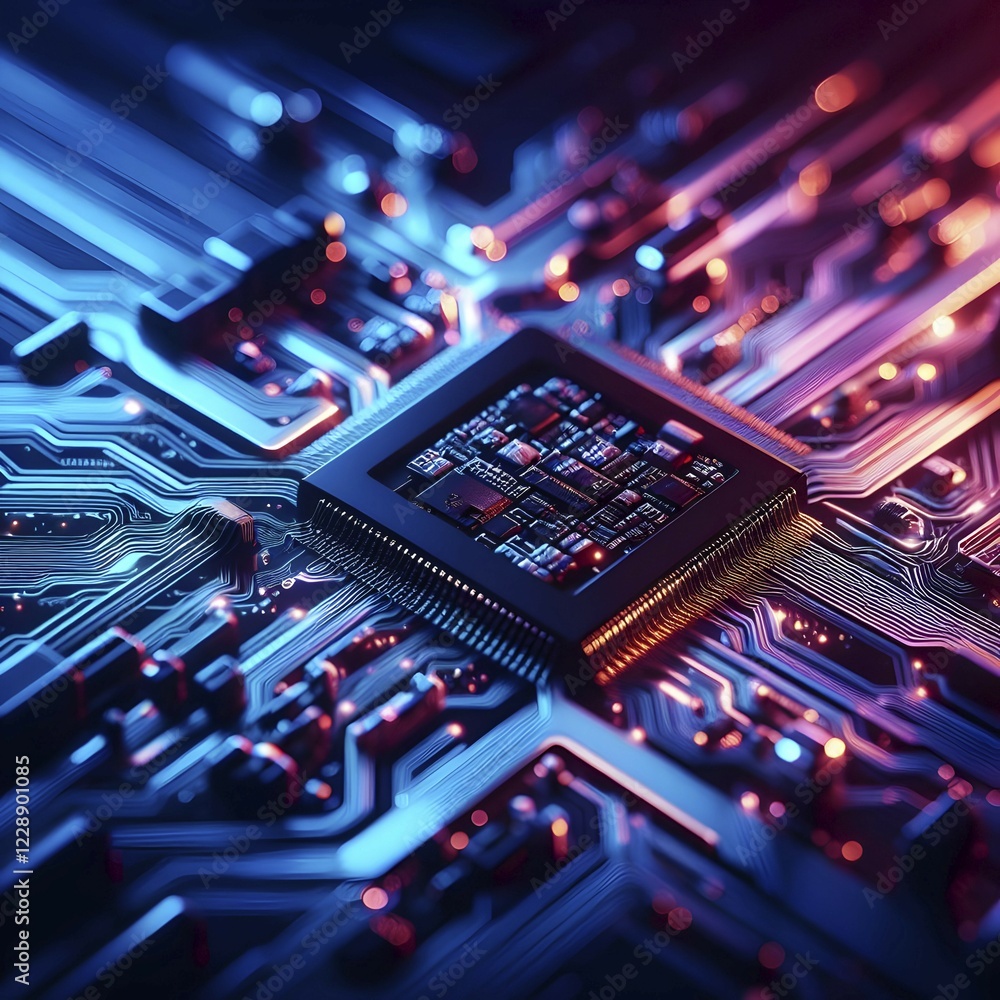 Poster illustration of a ai microchip processor with circuit board and other electronic components. ai gene
