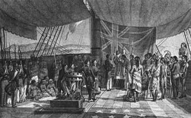The Christening of the Kings Prime Minister in Sandwich Islands (Hawaii) on engraving from the 1800s