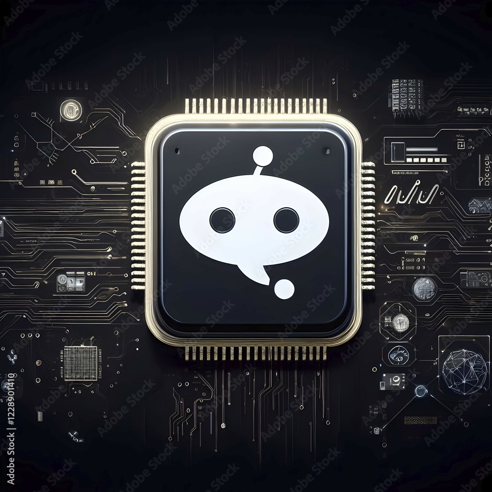 Poster illustration of a ai microchip processor with circuit board and other electronic components. ai gene