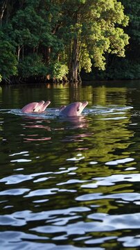 A trio of pink river dolphins swimming gracefully in a calm rainforest river, surrounded by thick greenery.
