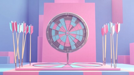 3D Dart Board with Arrows Hit on Center of Target - Precision Bulls-eye Accuracy Concept