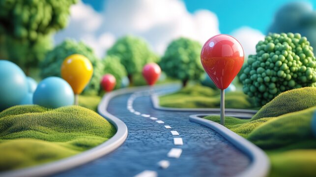 Winding road with colorful balloons marking the way through a whimsical landscape.