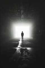Obraz premium Silhouette of a man standing in a tunnel, light at the end of the tunnel, symbolic image for near-death experience, death, psychology, threat, danger, fear, trauma, parapsychology, AI generated, AI generated, AI generated