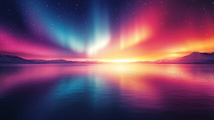 Vibrant aurora borealis reflected in a calm lake at sunset.