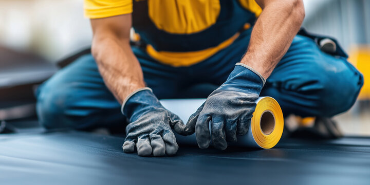 Worker with gloves installing waterproof membrane. Construction and roofing services content