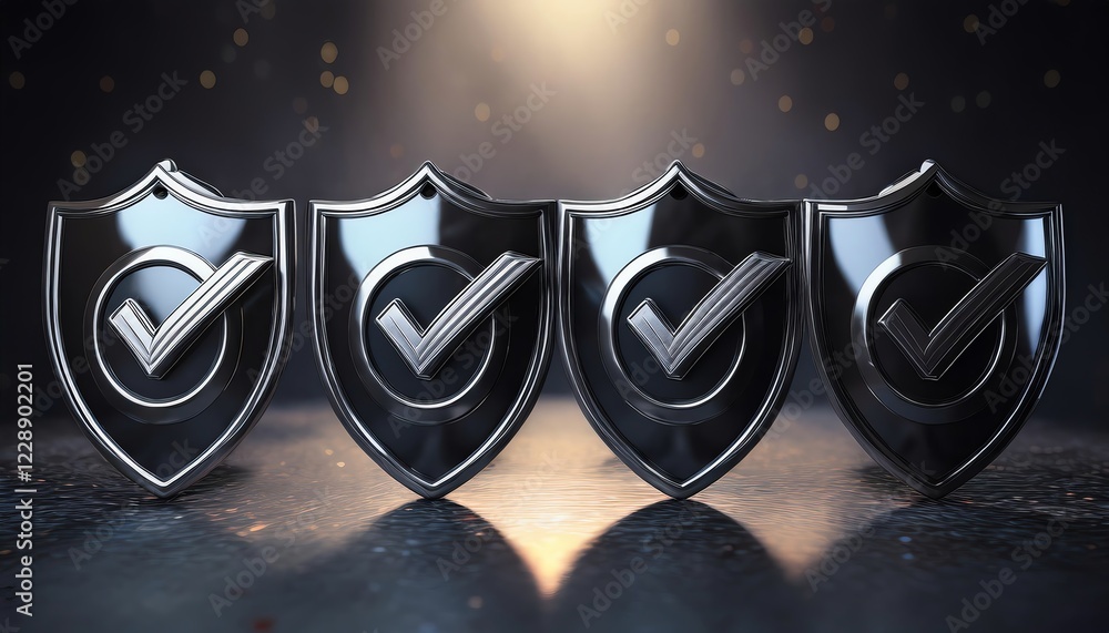 Poster three black shields with check marks symbolize security and trust, set against a softly illuminated 