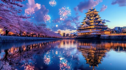 Obraz premium Osaka Castle Cherry Blossom Fireworks Spectacle in Japan