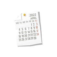 2022 Calendar on white paper, April. Editable vector over white background