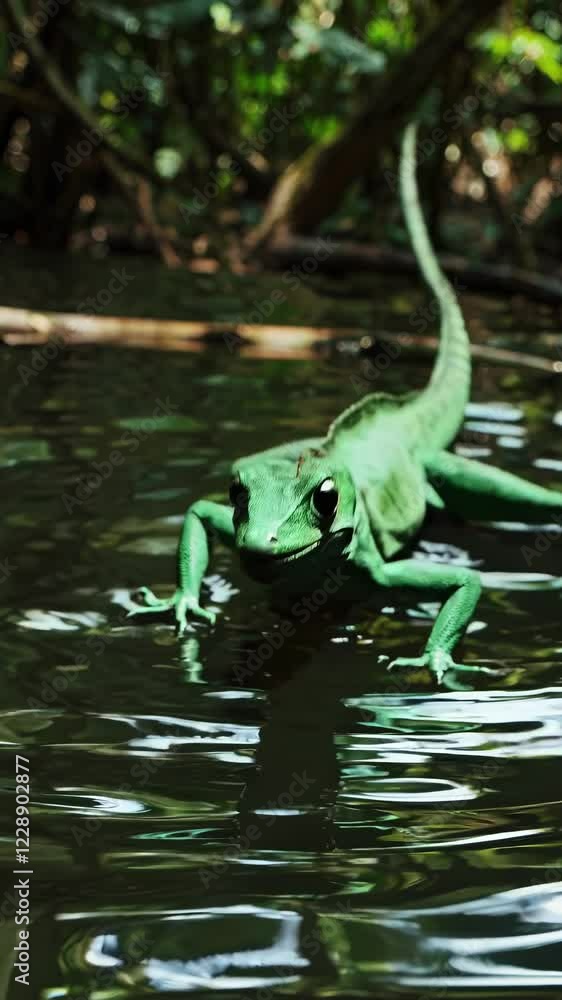 Poster a close-up of a basilisk lizard running across the surface of a jungle pond, its motion frozen mid-s
