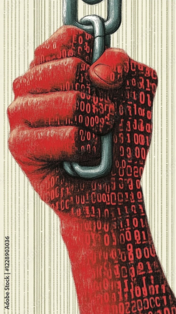 Poster red fist gripping a chain, covered in binary code, illustrating digital defiance, ai generated