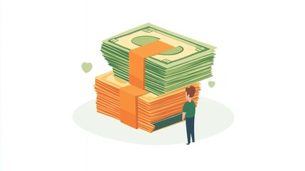 Man admiring large cash stacks, savings, financial growth, white background, investment illustration