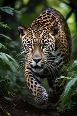 Obraz premium Close up of a majestic jaguar moving through dense forest underbrush, AI generated