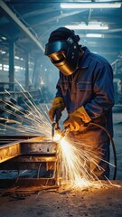 Intense Industrial Metalworker, Plasma Cutting Sparks Fly in Factory
