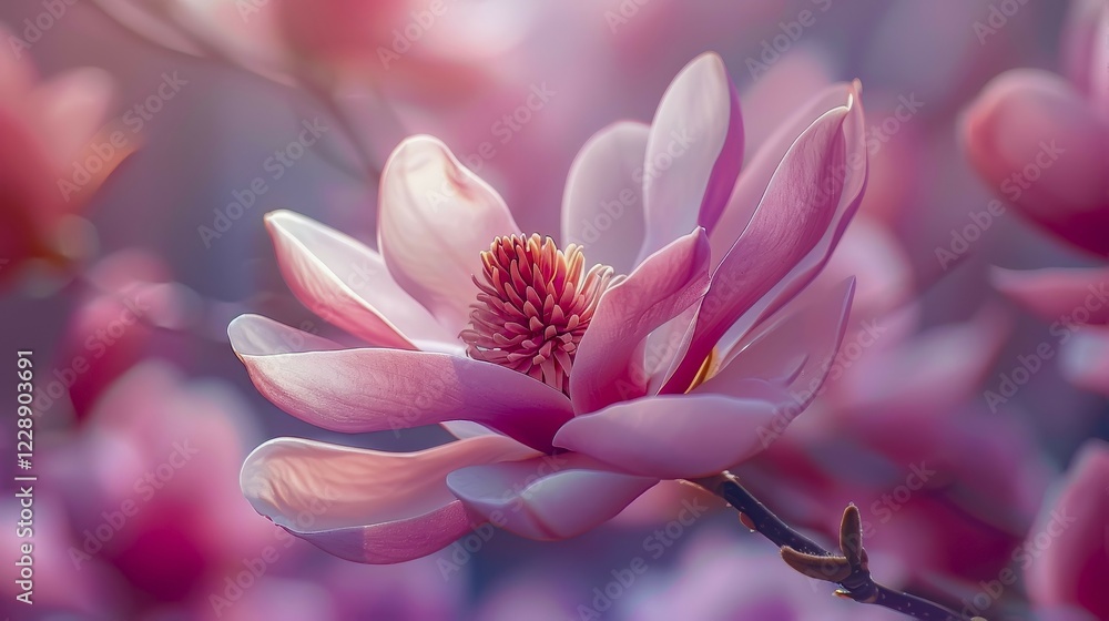 Poster close-up of a pink magnolia blossom with soft lighting and a bokeh background creating a delicate at