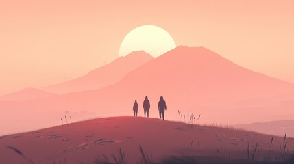 Silhouetted figures walking towards a sunset backdrop with mountains and soft landscape hues
