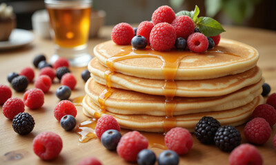 A stunning close-up of a stack of fluffy pancakes, their golden-brown surfaces stacked high and perfectly round. A generous pour