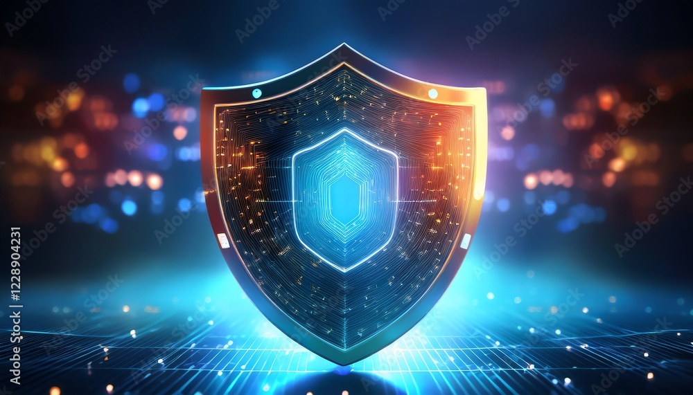 Poster a glowing shield icon represents cybersecurity, featuring intricate patterns and a digital backgroun