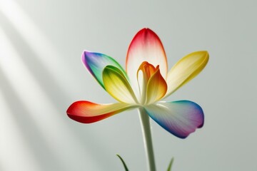 Obraz premium Beautiful close-up of a rainbow-toned flower on a plain white background, emphasizing its dynamic colors and organic structure