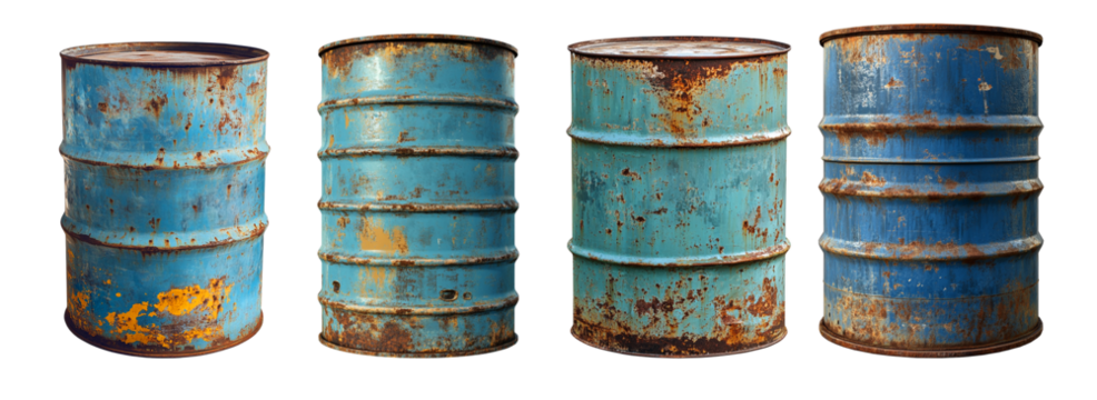old rusty blue steel oil barrel isolated on transparent background - Powered by Adobe