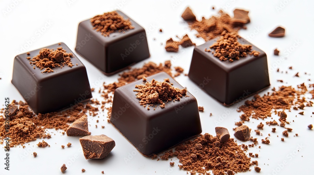Poster minimalist design featuring symmetrical dark chocolate squares and scattered cocoa crumbs.