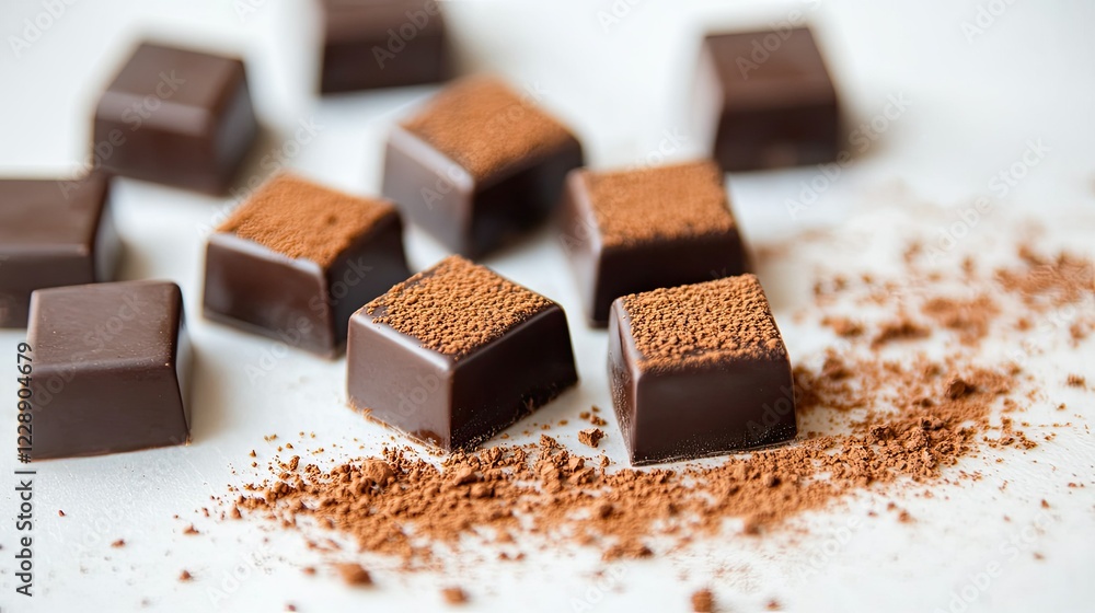 Poster minimalist design featuring symmetrical dark chocolate squares and scattered cocoa crumbs.