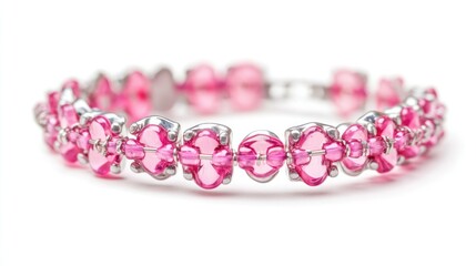 A close-up image of braces with pink elastics on teeth, photographed against a white background.