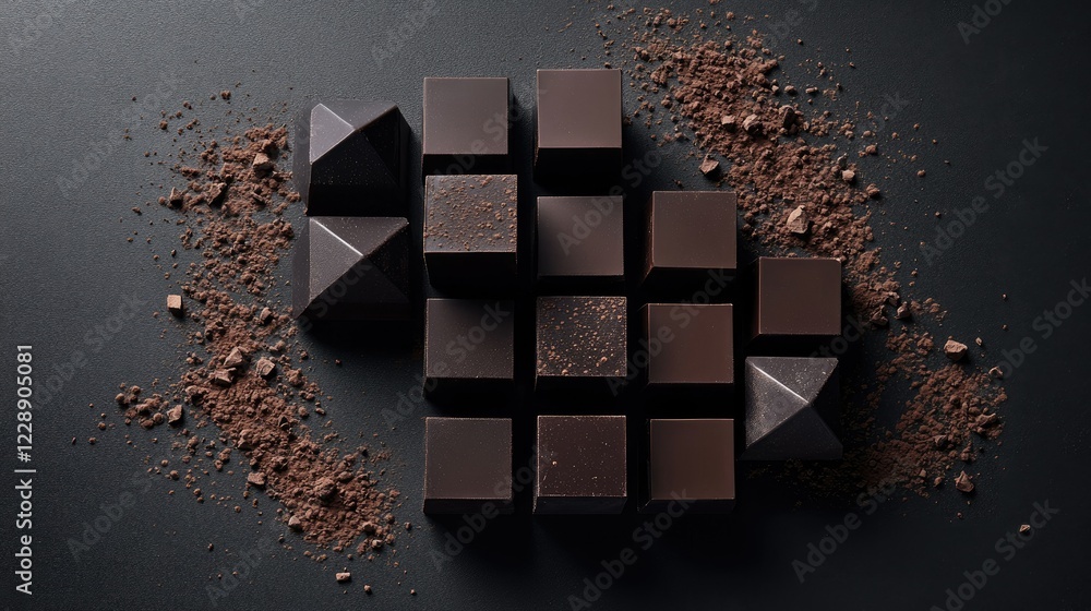 Poster minimalist design featuring symmetrical dark chocolate squares and scattered cocoa crumbs.
