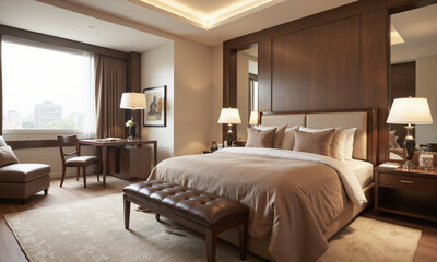 A calm and peaceful bedroom featuring mocha mousse-colored walls, with a luxurious king-sized bed dressed