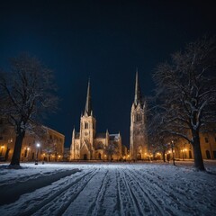 Fototapeta premium A beautifully lit cathedral standing in the middle of a quiet, snow-covered town square at midnight.