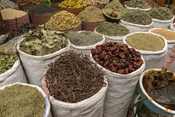 Sacks of dried spices and herbs in Marrakech spice market, Marrakech, Morocco, Africa