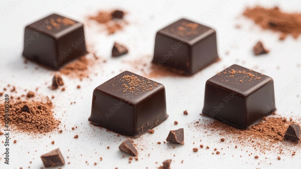 Poster minimalist design featuring symmetrical dark chocolate squares and scattered cocoa crumbs.