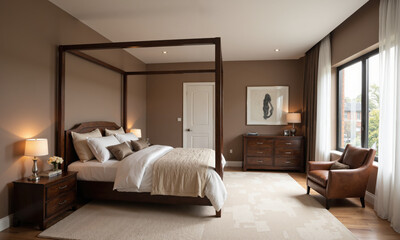 A chic bedroom with mocha mousse-colored walls, a wooden four-poster bed draped in luxurious bedding